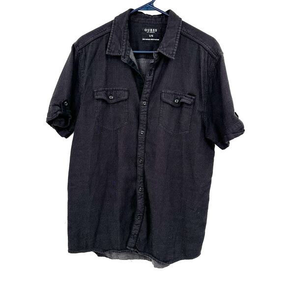 Guess Size Large‎ Shirt Black Button Up Short Sleeve Punk Edgy Basic Casual Top - Picture 1 of 4